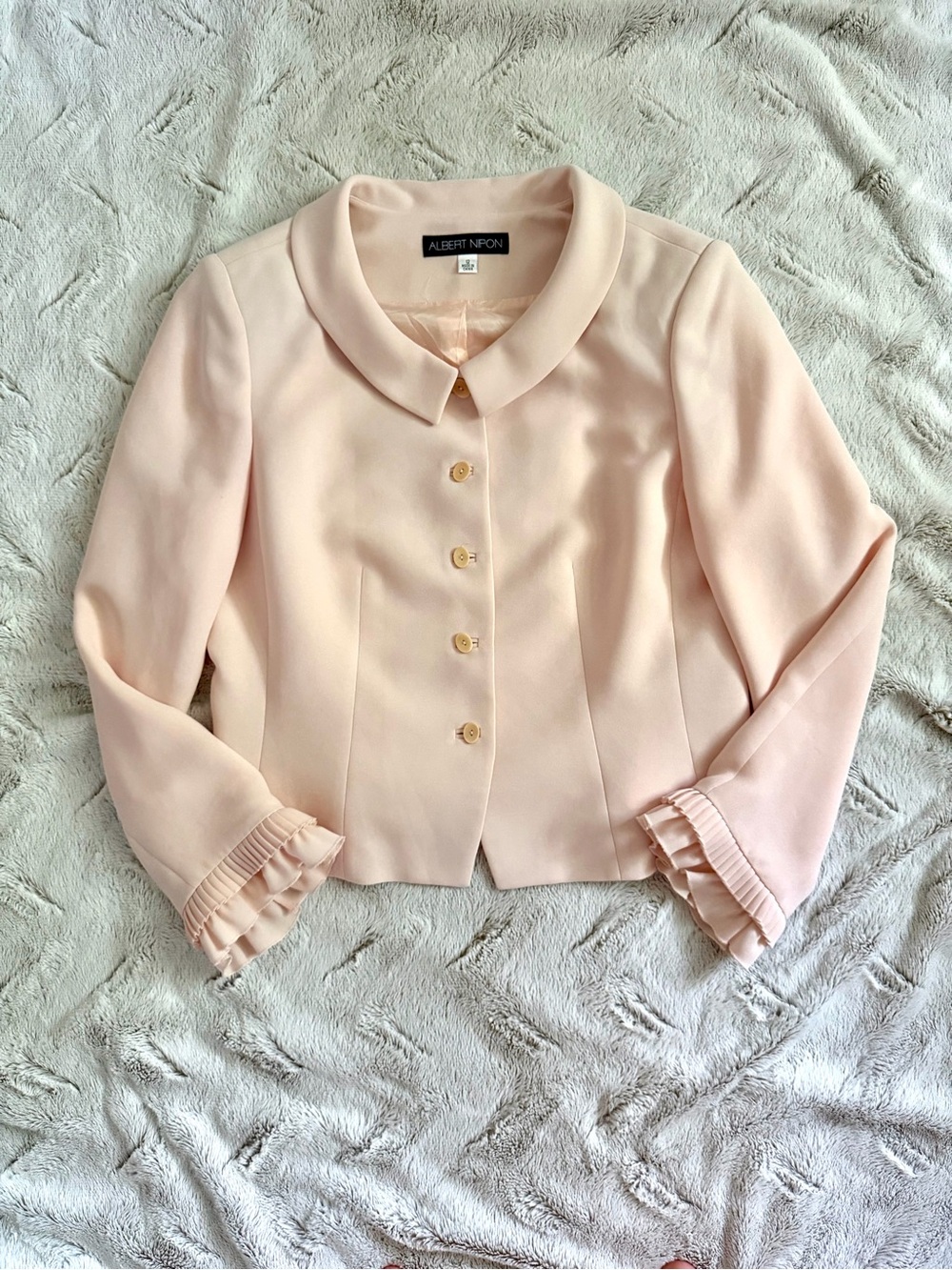 Vintage Aesthetic Albert Nipon Pale Pink Ruffle Cuff Cropped Blazer